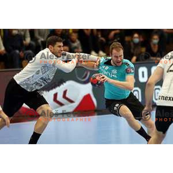 Timotej Grmsek in action during EHF European league match between Gorenje Velenje and Nexe in Velenje, Slovenia on November 16, 2021 
