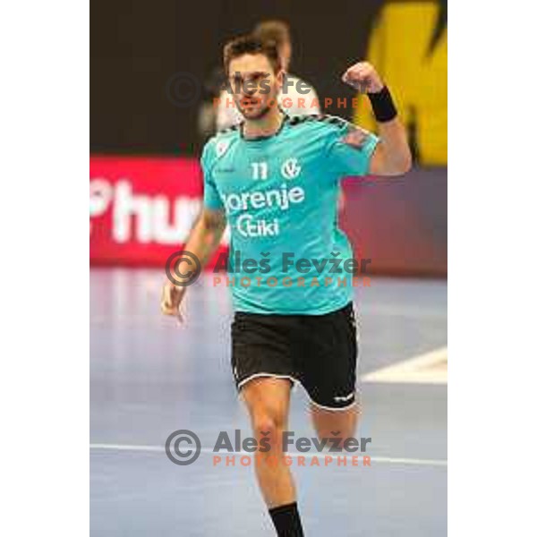 Kenan Pajt in action during EHF European league match between Gorenje Velenje and Nexe in Velenje, Slovenia on November 16, 2021