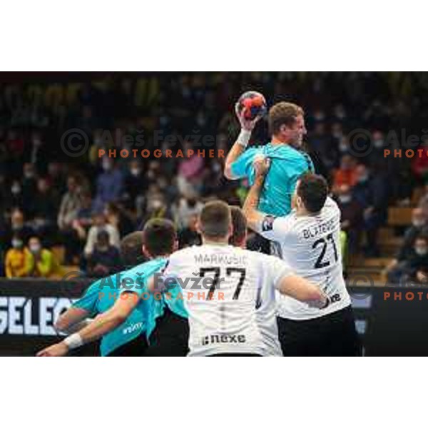 in action during EHF European league match between Gorenje Velenje and Nexe in Velenje, Slovenia on November 16, 2021