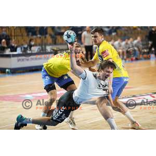David Didovic in action during 1.NLB league handball match between Celje Pivovarna Lasko and Trimo Trebnje in Celje, Slovenia on November 19, 2021