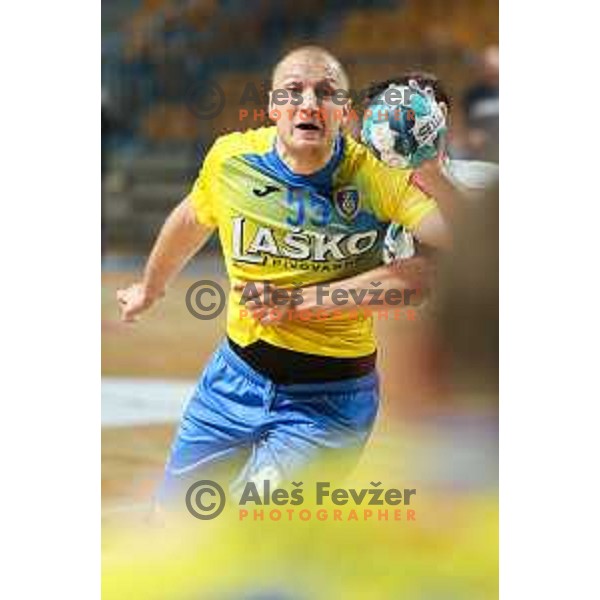 Ziga Mlakar in action during 1.NLB league handball match between Celje Pivovarna Lasko and Trimo Trebnje in Celje, Slovenia on November 19, 2021 