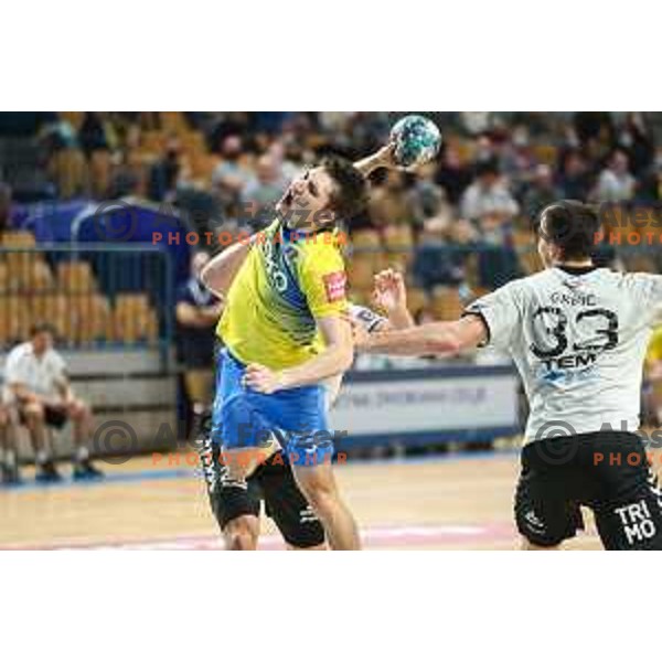 in action during 1.NLB league handball match between Celje Pivovarna Lasko and Trimo Trebnje in Celje, Slovenia on November 19, 2021