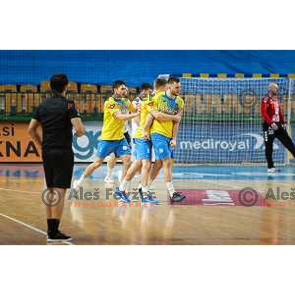 Aleks Vlah in action during 1.NLB league handball match between Celje Pivovarna Lasko and Trimo Trebnje in Celje, Slovenia on November 19, 2021