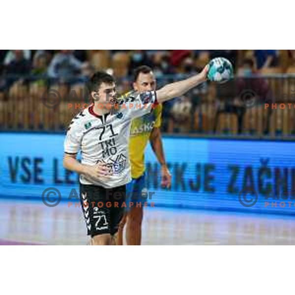 Filip Glavas in action during 1.NLB league handball match between Celje Pivovarna Lasko and Trimo Trebnje in Celje, Slovenia on November 19, 2021