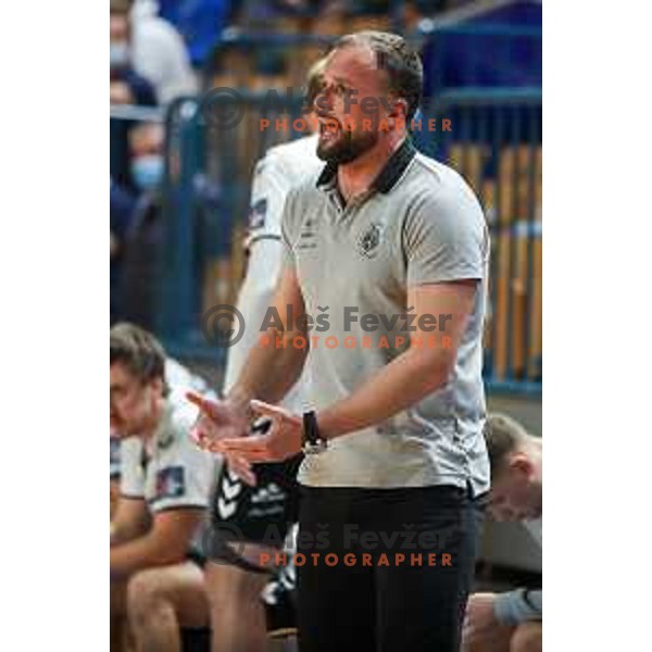 Hed coach Uros Zorman in action during 1.NLB league handball match between Celje Pivovarna Lasko and Trimo Trebnje in Celje, Slovenia on November 19, 2021