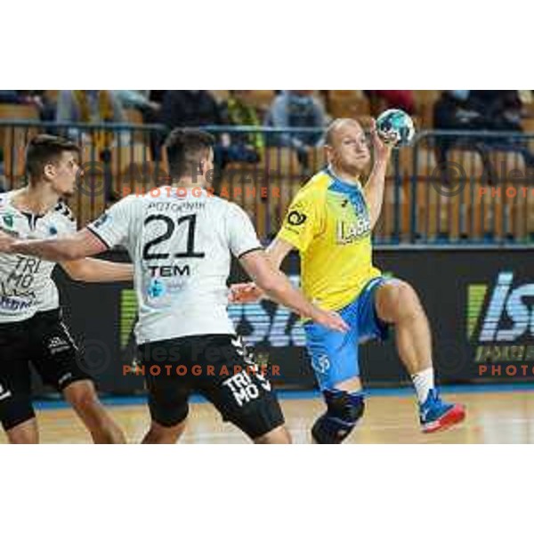 Ziga Mlakar in action during 1.NLB league handball match between Celje Pivovarna Lasko and Trimo Trebnje in Celje, Slovenia on November 19, 2021
