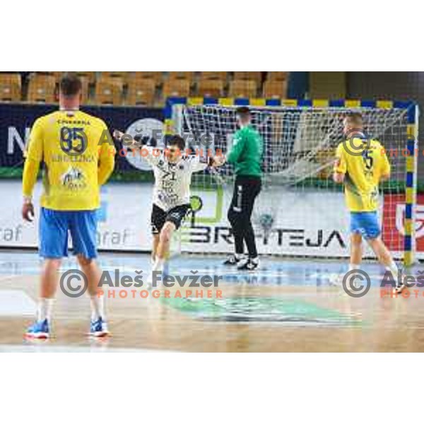 Filip Glavas in action during 1.NLB league handball match between Celje Pivovarna Lasko and Trimo Trebnje in Celje, Slovenia on November 19, 2021