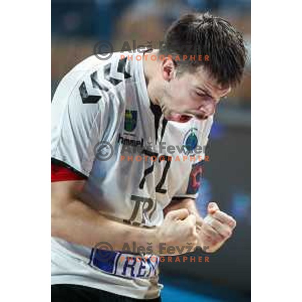 Filip Glavas in action during 1.NLB league handball match between Celje Pivovarna Lasko and Trimo Trebnje in Celje, Slovenia on November 19, 2021