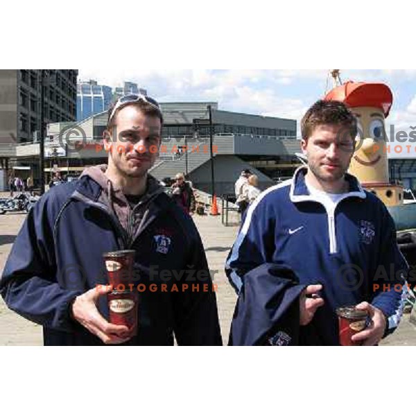 Jurij Golicic (left) and Tomi Hafner ,members of Slovenia ice-hockey team at 2008 IIHF World Championship before departure to whale watching cruise in Halifax, Nova Scotia, Canada, May 7th 2008. Photo by Ales Fevzer 