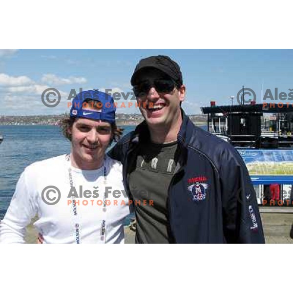 Rok Pajic (left) and Tomaz Razingar, members of Slovenia ice-hockey team at 2008 IIHF World Championship before departure to whale watching cruise in Halifax, Nova Scotia, Canada, May 7th 2008. Photo by Ales Fevzer 