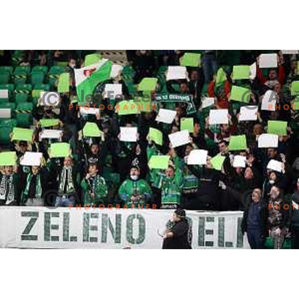 Fans of SZ Olimpija in action during Slovenian Championship regular season match between SZ Olimpija and SIJ Acroni Jesenice in Ljubljana, Slovenia on November 23, 2021