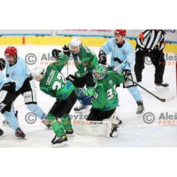 Guillaume Leclerc and Zan Us in action during Slovenian Championship regular season match between SZ Olimpija and SIJ Acroni Jesenice in Ljubljana, Slovenia on November 23, 2021