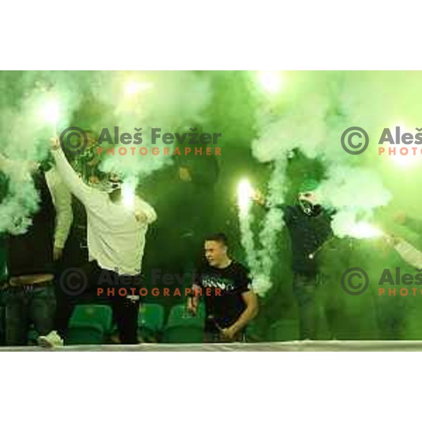 Fans of SZ Olimpija in action during Slovenian Championship regular season match between SZ Olimpija and SIJ Acroni Jesenice in Ljubljana, Slovenia on November 23, 2021