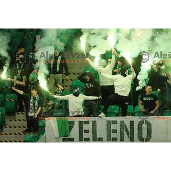 Fans of SZ Olimpija in action during Slovenian Championship regular season match between SZ Olimpija and SIJ Acroni Jesenice in Ljubljana, Slovenia on November 23, 2021