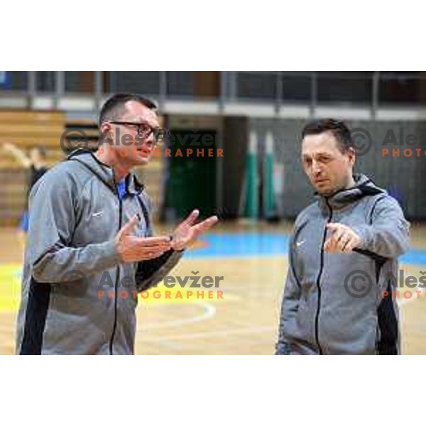 Dalibor Damjanovic and Head coach Aleksander Sekulic during Slovenia National team practice session in Bonifika hall, Koper, Slovenia on November 22, 2021