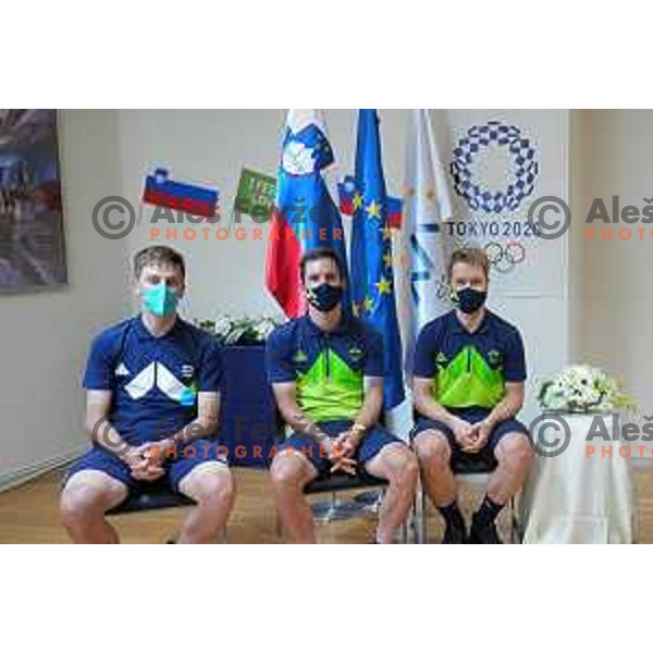 Tadej Pogacar, Jan Tratnik and Jan Polanc at reception in Ambassy of Slovenia during Tokyo 2020 Summer Olympic games in Tokyo, Japan on July 25, 2021