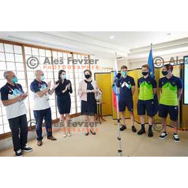 Miro Cerar, Bogdan Gabrovec, Simona Kustec, Tadej Pogacar, Jan Tratnik and Jan Polanc at reception in Ambassy of Slovenia during Tokyo 2020 Summer Olympic games in Tokyo, Japan on July 25, 2021