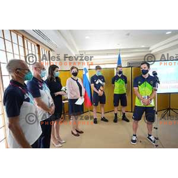 Miro Cerar, Bogdan Gabrovec, Simona Kustec, Tadej Pogacar, Jan Tratnik and Jan Polanc at reception in Ambassy of Slovenia during Tokyo 2020 Summer Olympic games in Tokyo, Japan on July 25, 2021