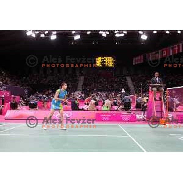 Maja Tvrdy of Slovenia in action in second round of badminton tournament in Wembley Arena at London 2012 Summer Olympic games on July 29, 2012