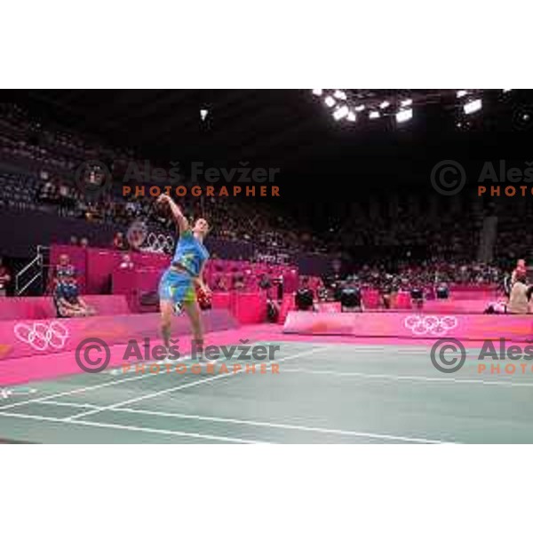 Maja Tvrdy of Slovenia in action in second round of badminton tournament in Wembley Arena at London 2012 Summer Olympic games on July 29, 2012