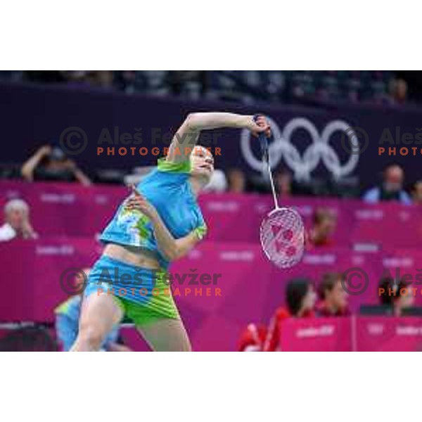 Maja Tvrdy of Slovenia in action in second round of badminton tournament in Wembley Arena at London 2012 Summer Olympic games on July 29, 2012