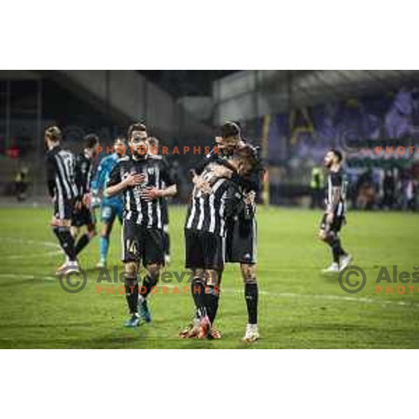 Nardin Mulahusejnovic and Amadej Marosa celebrating during UEFA Europa Conference League football match between NS Mura and Tottenham Hotspur in Ljudski vrt, Maribor, Slovenia on November 25, 2021. Photo: Jure Banfi/www.alesfevzer.com