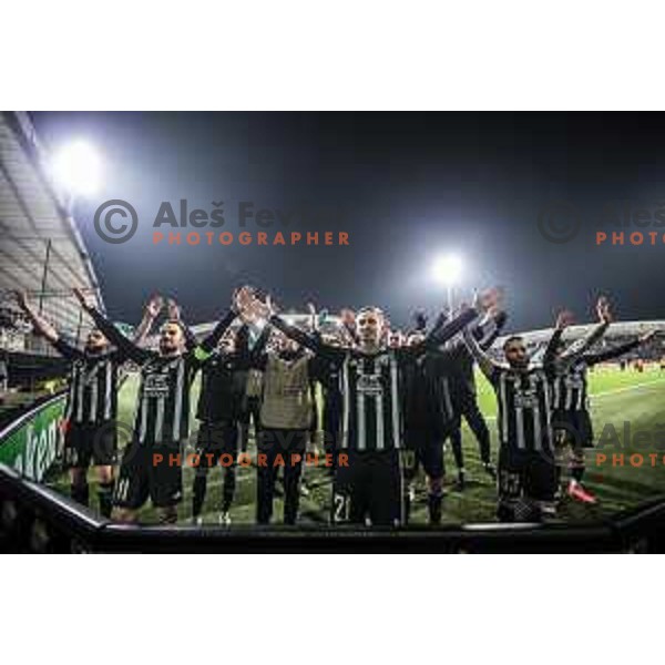 Nik Lorbek, Ziga Kous, Zan Karnicnik, Mitja Lotric and other players of Mura celebrating after UEFA Europa Conference League football match between NS Mura and Tottenham Hotspur in Ljudski vrt, Maribor, Slovenia on November 25, 2021. Photo: Jure Banfi/www.alesfevzer.com