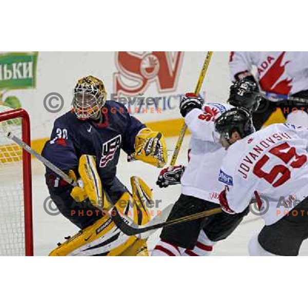 Jovanovski of Canada and Thomas (30) of USA at 2008 IIHF World Championship, played in Metro Arena, Halifax, Nova Scotia,Canada, May 6th 2008.Canada won the game 5:4. Photo by Ales Fevzer 