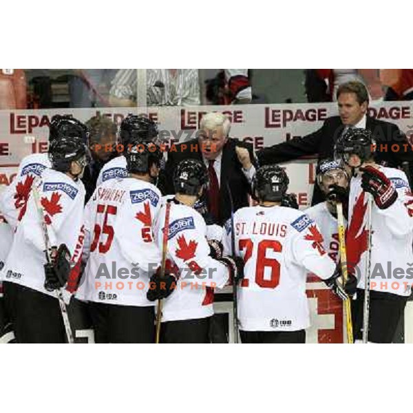 Head Coach of Canada Ken Hitchcock talks to players at 2008 IIHF World Championship, played in Metro Arena, Halifax, Nova Scotia,Canada, May 6th 2008.Canada won the game over USA 5:4. Photo by Ales Fevzer 