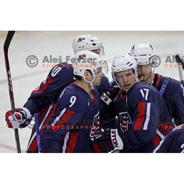 O\'Sullivan and Parise (17) of USA at 2008 IIHF World Championship, played in Metro Arena, Halifax, Nova Scotia,Canada, May 6th 2008.Canada won the game 5:4. Photo by Ales Fevzer 