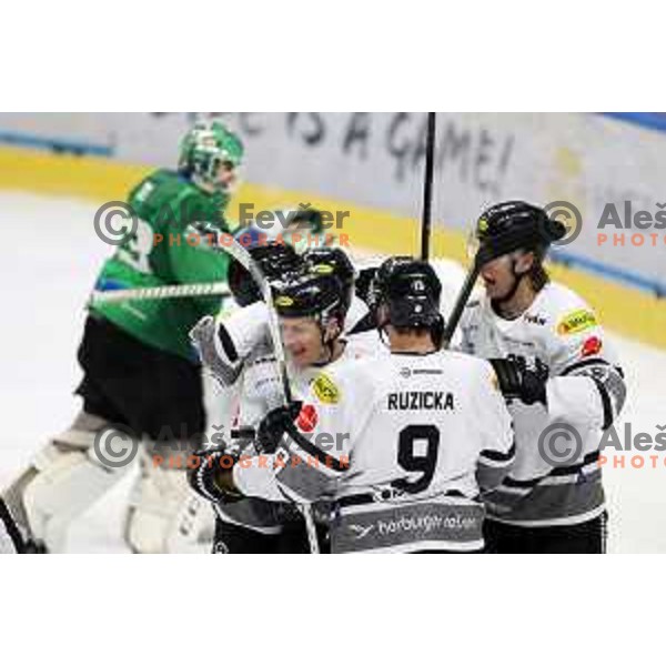 Players of Dornbirn celebrate goal during IceHL match between SZ Olimpija and Dornbirn in Ljubljana, Slovenia on December 4, 2021