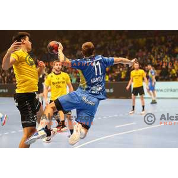Gal Marguc in action during 1.NLB league handball match between Gorenje Velenje and Celje Pivovarna Lasko in Velenje, Slovenia on December 4, 2021
