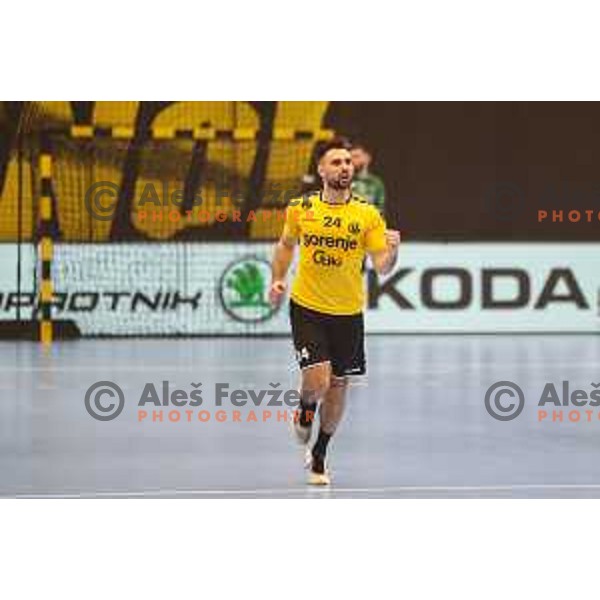 Tilen Sokolic in action during 1.NLB league handball match between Gorenje Velenje and Celje Pivovarna Lasko in Velenje, Slovenia on December 4, 2021