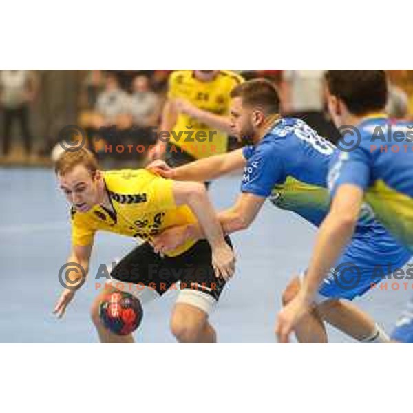Domen Tajnik in action during 1.NLB league handball match between Gorenje Velenje and Celje Pivovarna Lasko in Velenje, Slovenia on December 4, 2021