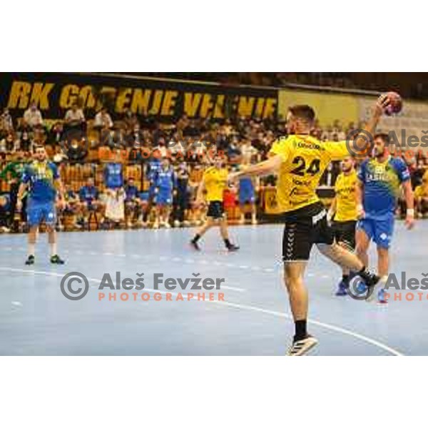 Tilen Sokolic in action during 1.NLB league handball match between Gorenje Velenje and Celje Pivovarna Lasko in Velenje, Slovenia on December 4, 2021