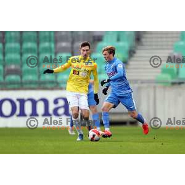 Matija Kavcic and Andrej Pogacar in action during Prva Liga Telemach football match between Bravo and Kalcer Radomlje in Ljubljana, Slovenia on December 7, 2021