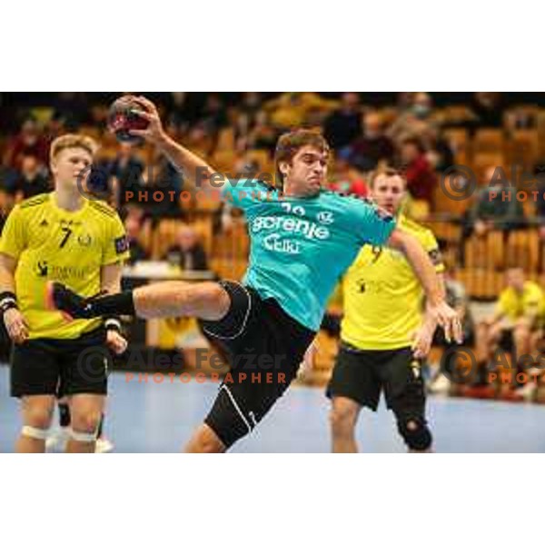 Jernej Drobez in action during EHF European league match between Gorenje Velenje and IK Savehof in Velenje, Slovenia on December 7, 2021 