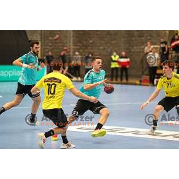 Enej Slatinek Jovicic in action during EHF European league match between Gorenje Velenje and IK Savehof in Velenje, Slovenia on December 7, 2021 