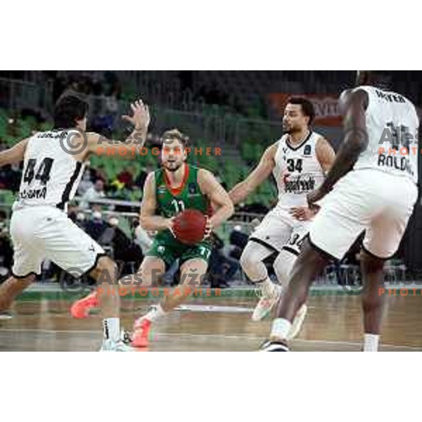 Jaka Blazic and Milos Teodosic in action during 7days EuroCup regular season basketball match between Cedevita Olimpija and Virtus Segafredo in Stozice, Arena, Ljubljana, Slovenia on December 8, 2021 