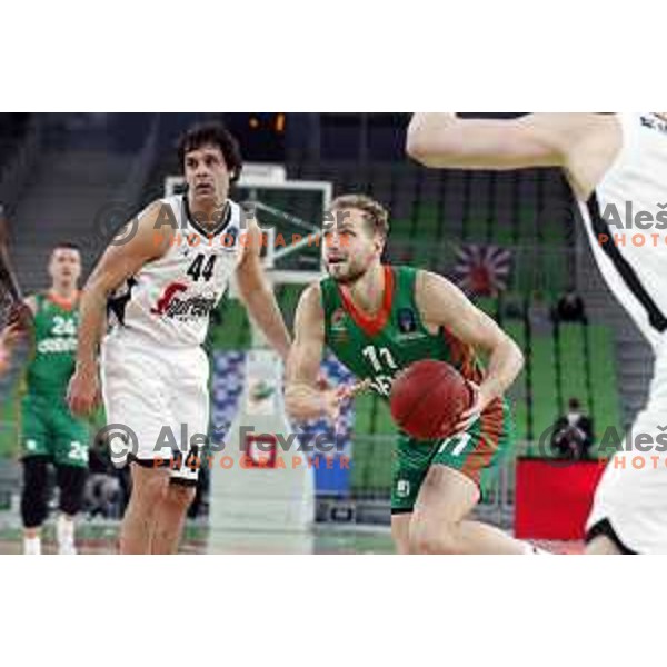 Jaka Blazic and Milos Teodosic in action during 7days EuroCup regular season basketball match between Cedevita Olimpija and Virtus Segafredo in Stozice, Arena, Ljubljana, Slovenia on December 8, 2021 
