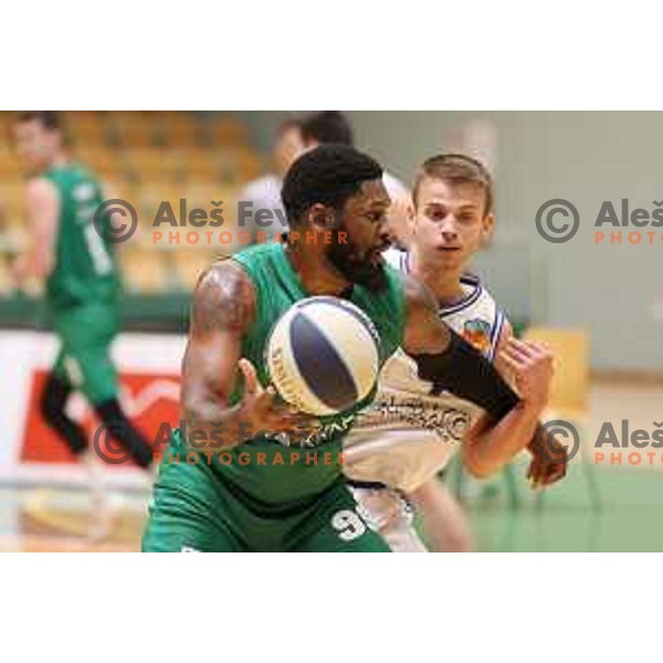 Adonis Thomas and Elvis Keric in action during Nova KBM league basketball match between Zlatorog Lasko and Krka in Lasko, Slovenia on December 29, 2021