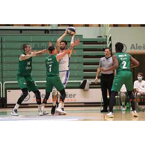 Jurij Macura, Jure Span and Nik Dragan in action during Nova KBM league basketball match between Zlatorog Lasko and Krka in Lasko, Slovenia on December 29, 2021 