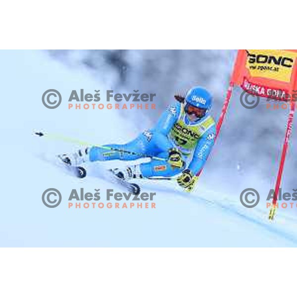 Skiing in the first run of AUDI FIS Ski World Cup Giant Slalom for 58.Golden Fox-Zlata Lisica 2022 in Kranjska gora, Slovenia on January 8, 2022