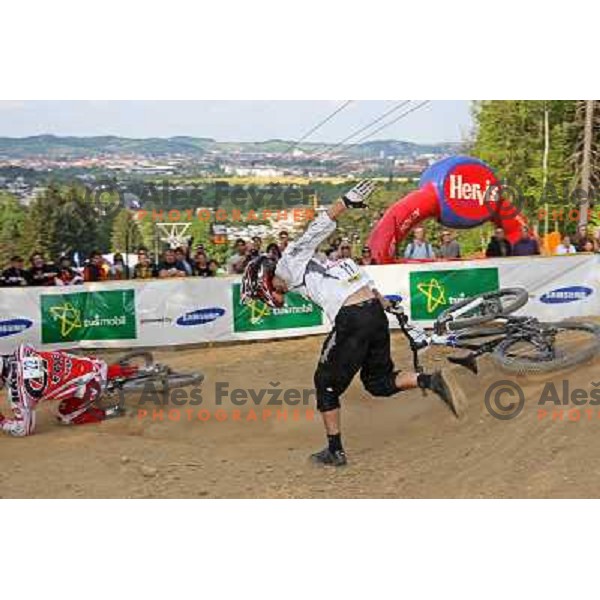 Crash of Haluza (22) and Tilen Frank (SLO) UCI mountain bike World Cup 2008, 4-cross race in Maribor, Slovenia 10.5.2008 