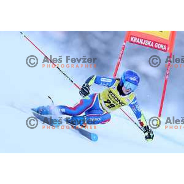 Skiing in the first run of AUDI FIS Ski World Cup Giant Slalom for 58.Golden Fox-Zlata Lisica 2022 in Kranjska gora, Slovenia on January 8, 2022