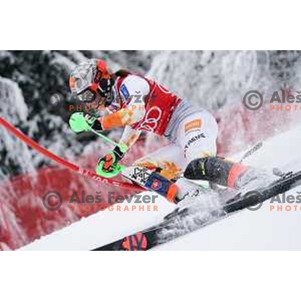 Petra Vlhova (SVK) skiing in the first run of AUDI FIS Ski World Cup Slalom for 58.Golden Fox-Zlata Lisica 2022 in Kranjska gora, Slovenia on January 9, 2022