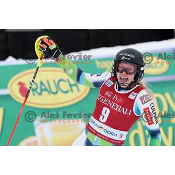 Ana Bucik (SLO) celebrates fifth place at AUDI FIS Ski World Cup Slalom for 58.Golden Fox-Zlata Lisica 2022 in Kranjska gora, Slovenia on January 9, 2022