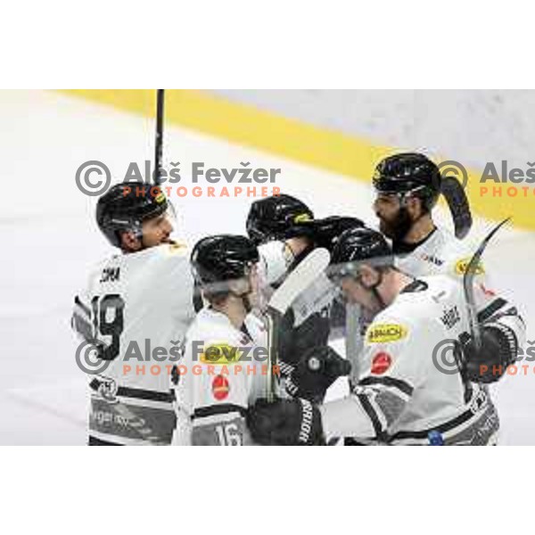 Dornbirn players celebrate goal during IceHL match between SZ Olimpija and Dornbirn Bulldogs in Ljubljana, Slovenia on January 15, 2022