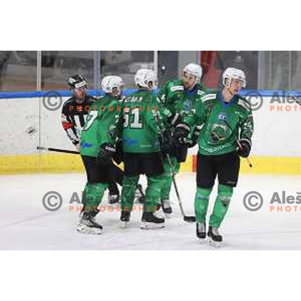 Rok Kapel, Mitja Robar, Daniel Wade Murphy and Aljosa Crnovic of SZ Olimpija in action during IceHL match between SZ Olimpija and Dornbirn Bulldogs in Ljubljana, Slovenia on January 15, 2022