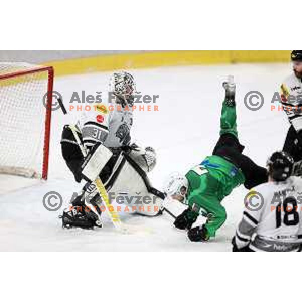 David Madlener and Rok Kapel of SZ Olimpija in action during IceHL match between SZ Olimpija and Dornbirn Bulldogs in Ljubljana, Slovenia on January 15, 2022